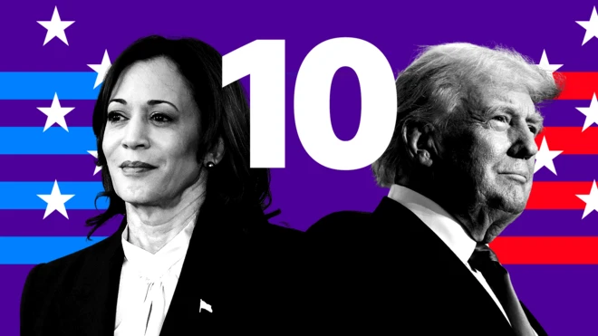 Kamala Harris facing left and Donald Trump facing right with a number 10 between them