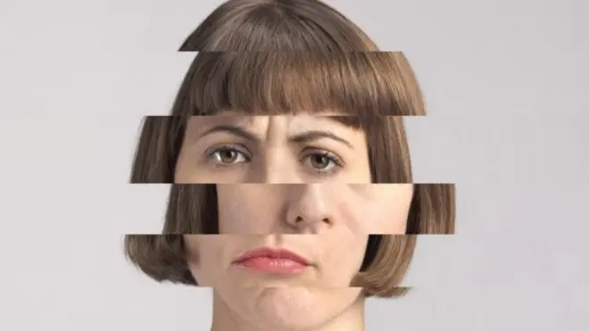 montagem de rosto de mulher com partes fora do lugar