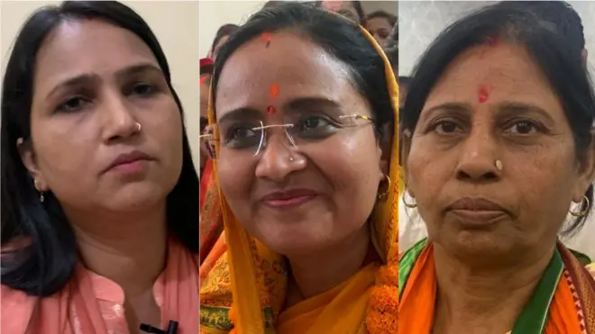 अर्चना रविदास (बाएं से पहले), अनीता देवी महतो (बीच में) और विजयलक्ष्मी कुशवाहा