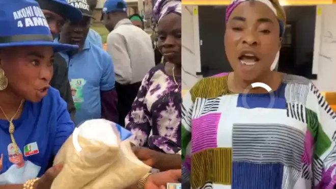 Ero Arike wọ aṣọ ati fila olomi buluu, o mu irẹsi lọwọ