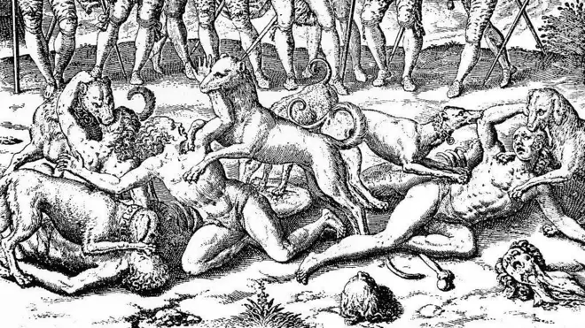 Un grabado de una escena de varios perros atacando a personas frente al conquistador español Vasco Núñes de Balboa y otros de sus encomendados