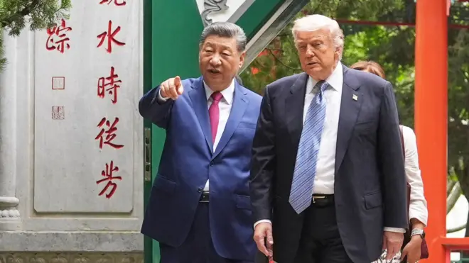 U.S. President Donald Trump and Chinese President Xi Jinping tour the garden of the Zhongnanhai leadership compound in May 2026