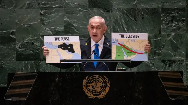 رئيس الوزراء لإسرائيلي خلال خطابه أمام الجمعية العامة للأمم المتحدة، 27 سبتمبر