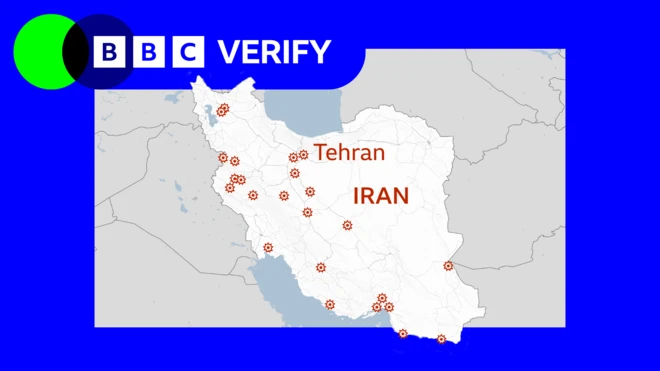 Map showing strikes across Iran inside blue BBC Verify frame 