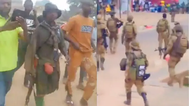 Ifoto zibiri zafatanijwe, uruhande rumwe rw'i buryo rwerekana ingabo zifise ibirwanisho, zambaye n'impunzu za gisirikare, imbere yazo kure haboneka abasivire, urundi ruhande rukerekana umuntu afise inkoho, yambaye umwambaro wa gisirikare, ari kumwe n'abasivire, umwe muri bo ariko araba terefone yiwe.