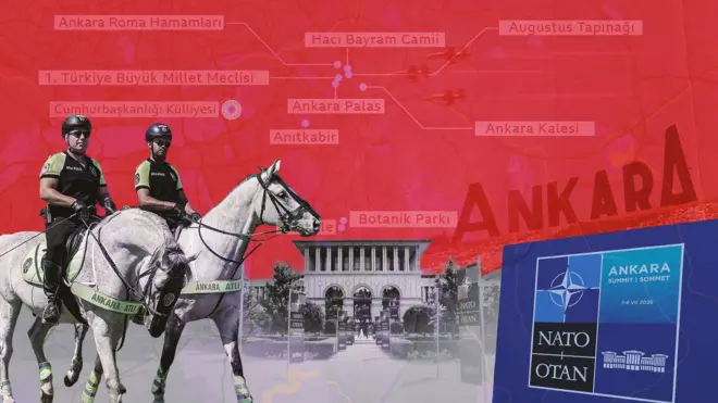 Atlı polisler, Cumhurbaşkanlığı Külliyesi, Ankara haritası ve NATO Ankara Zirvesi'ne ait logodan oluşan tasarım.