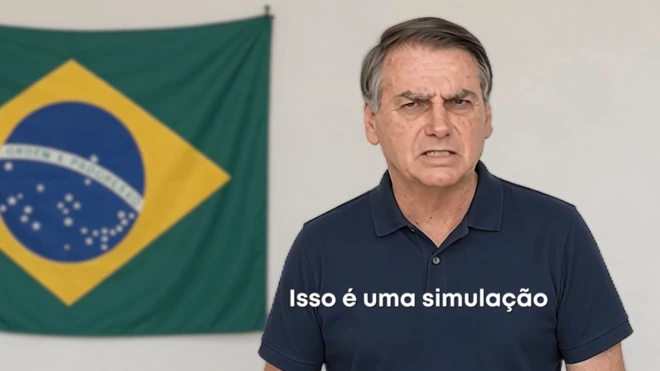 Avatar de Jair Bolsonaro com expressão séria, de blusa azul escuro, com uma bandeira do Brasil ao lado e a seguinte legenda escrita na tela 'isso é uma simulação'