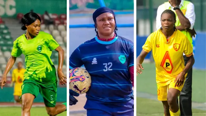 Foto collage of Sikiratu Isah wey wear lemon green and deep green jersey, Rachael Onachukwu of Nasarawa Amazons wey wear Nay blue jersey wit footballfor her hand and Miracle Usani of Edo Queens wey wear yellow jersey.