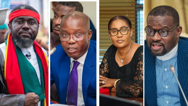 collage of Oliver the activist, members of the vetting committee and a CEO accused of abusing an MP