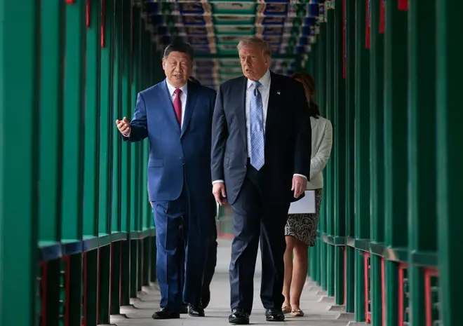 U.S. President Donald Trump and Chinese President Xi Jinping tour Zhongnanhai Garden on May 15, 2026 in Beijing, China.