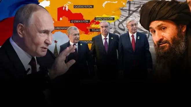 Россия президенти, Толибон етакчиларидан бири Марказий Осиё харитаси, Россия ва Афғонистон байроқлари фонида акс этган. 