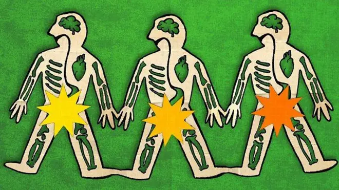 Ілюстрація трьох схематичних фігур людей, які тримаються за руки. Усередині кожної фігури зображені мозок, серце та кістки. У нижній частині тулуба кожної людини розміщена кольорова зіркоподібна позначка, що привертає увагу до ділянки таза або нижньої частини живота
