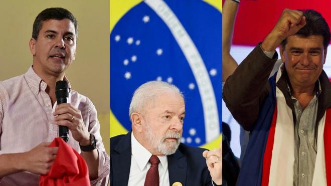 Montagemaposta mais de 2.5 golsfotos na seguinte ordem: Santiago Peña, Luiz Inácio Lula da Silva e Efraín Alegre