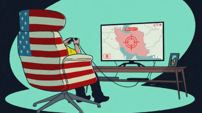 صورة مرسومة لشخص يجلس على كرسي ضخم عليه علم الولايات المتحدة ويمارس لعبة فيديو على شاشة كبيرة عليها خريطة إيران