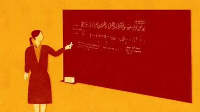 Илустрација жене поред школске табле како објашњава, учитељица, наставница поред табле