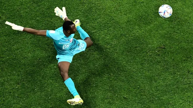 Un gardien de but sur une pelouse verte.