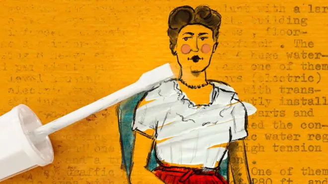 Ilustración de Bette Nesmith Graham, sentada en una silla, vestida con una falda roja y una blusa pintada de blanco con el corrector. Se ve el aplicador del líquido y el fondo es una página sepia con escritos a máquina.