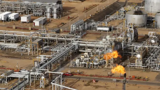 A flame burning natural gas at an oil treatment plant operated by Venezuela's state oil company PDVSA
