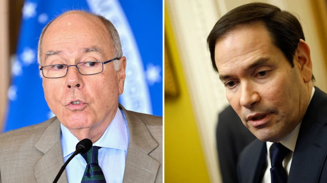 Montagem de fotos mostra o ministro das Relações Exteriores, Mauro Vieira, à esquerda, e o Secretário de Estado americano, Marco Rubio, à direita