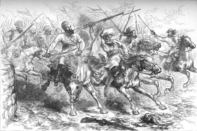 काही इतिहासकारांचे म्हणणे आहे की अझिमुल्लाह खान यांनीच भारत माता की जय ही मूळ घोषणा लिहिली. (सैनिकांच्या बंडाचे हाताने काढलेले चित्र)