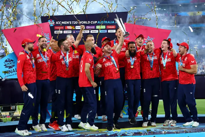 ngland celebrate with the ICC Men's T20 World Cup Trophy after winning the ICC Men's T20 World Cup Final match between Pakistan and England at the Melbourne Cricket Ground on November 13, 2022 in Melbourne, Australia. 