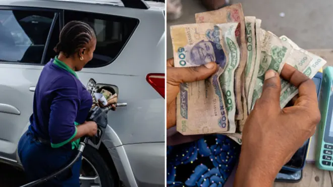 Foto mix of fuel attendant wey wear blue cover-all wey dey refuel customer vehicle for gas station for Yaba suburb of Lagos, Nigeria, and Point of sales (POS) operator wey dey count cash during transaction for Lagos, Nigeria.