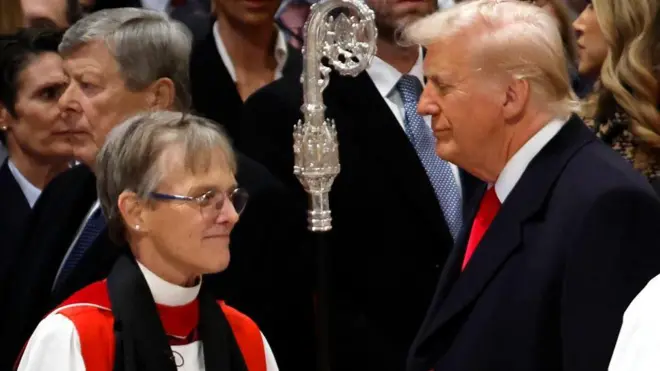 Bishop Mariann Edgar Budde seen with US President Donald Trump during the National Prayer Service at Washington National Cathedral on 21 January 2025