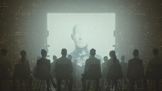 Artistic image show followers gathering in front of a screen with an AI-generated figure