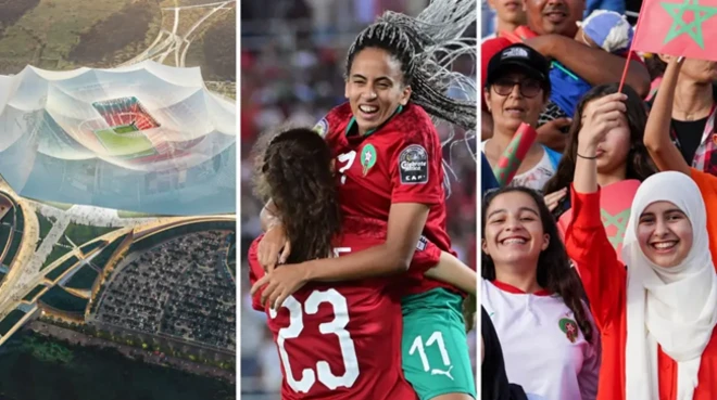 صورة مركبة تضم مشجعات يحملن علم المغرب، ولاعبات في المنتخب المغربي، وملعب كرة قدم.