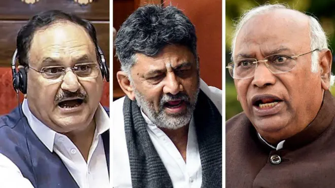 जेपी नड्डा, डीके शिवकुमार और मल्लिकार्जुन खड़गे की तस्वीर