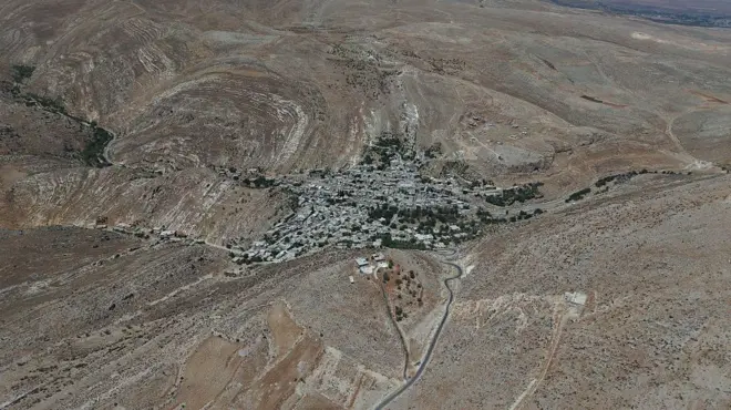 Ifoto yafotorewe mu kirere igaragaza icyaro cya Beit Jinn, mu majyepfo ashyira uburengerazuba bw'umurwa mukuru Damascus wa Syria. 