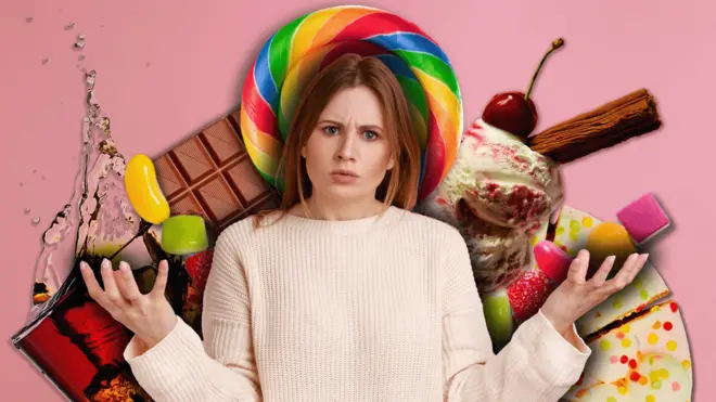 په انځور کې ښځه د خوږو او خوږو رنګارنګ خوړو مخې ته ولاړه ښودل شوې ده.