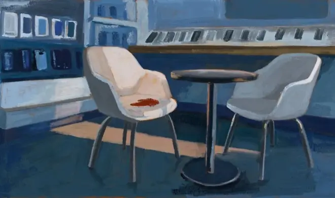 Cette œuvre de Prashanti Aswani représente une scène avec des chaises blanches et une table.