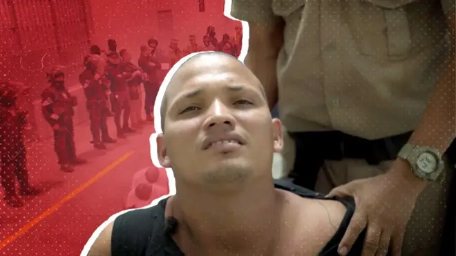 Mervin Yamarte, uno de los ocho migrantes entrevistados por BBC News Mundo, cuando le afeitaron la cabeza a su llegada al Cecot.  