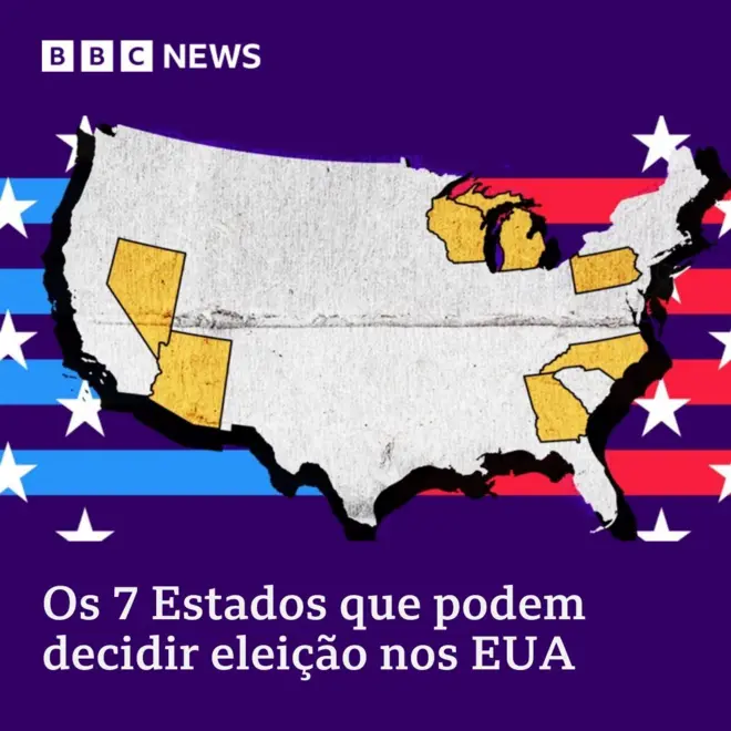 Arte mostrando o mapa dos Estados Unidos destacando os sete Estados que poderão decidir a eleição presidencial americanacasa de apostas gremio2024