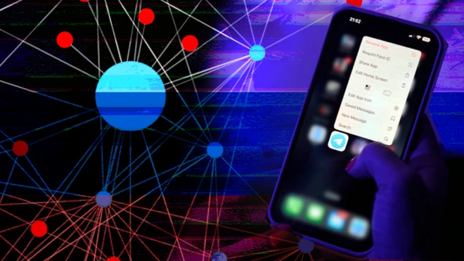 Stylised graphic image showing mobile phone with telegram on it next to a network of red and blue circles connected by lines, one a black, dark purple and blue background