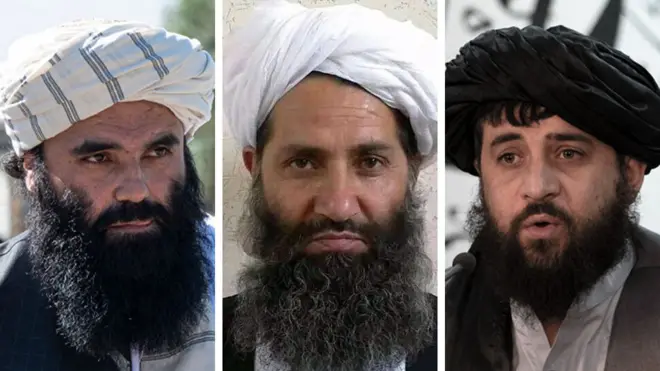 Composite imae shows headshots of three members of the Taliban - on the left, Taliban Interior Minister Sirajuddin Haqqani, in the centre is Afghan leader Hibatullah Akhundzada and on the right is Acting Defence Minister of Afghanistan Mohammad Yaqoob Mujahid.