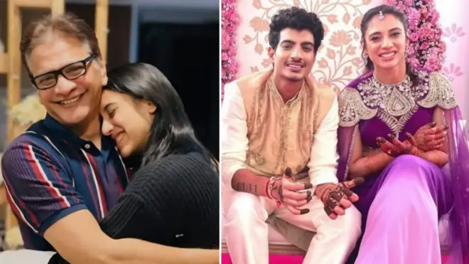 स्मृती तिच्या वडिलांसह (डावीकडे) आणि उजवीकडे लग्न सोहळ्यातच्या एका कार्यक्रमात होणारा नवरा पलाश मुच्छालसह.