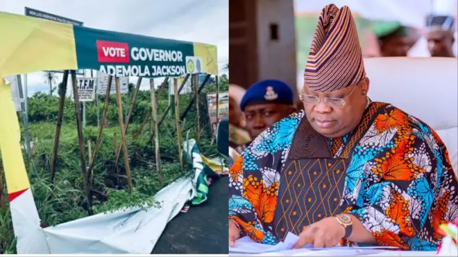 Aworan patako ipolongo Ademola Adeleke ti wọn ti bajẹ wa lapa osi ati aworan gomina Adeleke ni apa ọtun