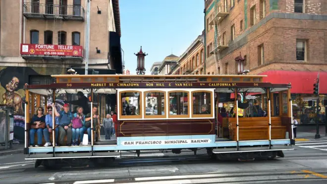 Foto de um bondinho com turistas em San Francisco.