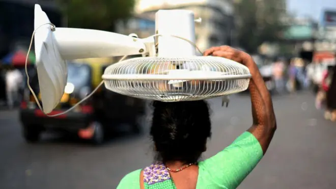 डोक्यावर फॅन घेऊन जाणारी महिला 