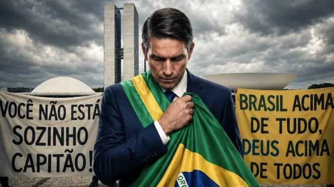 A imagem mostra um homem de terno escuro usando a faixa presidencial e segurando uma bandeira do Brasil junto ao peito, com a cabeça baixa. Ao fundo, aparecem o Congresso Nacional, em Brasília, além de faixas com as frases “Você não está sozinho, capitão!” e “Brasil acima de tudo, Deus acima de todos”.