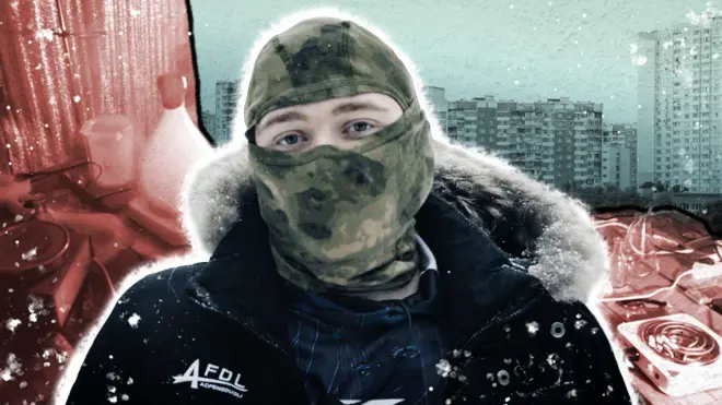 Юноша в зимней куртке и балаклаве на фоне серых многоэтажек и всяких принадлежностей для производства наркотиков - коллаж