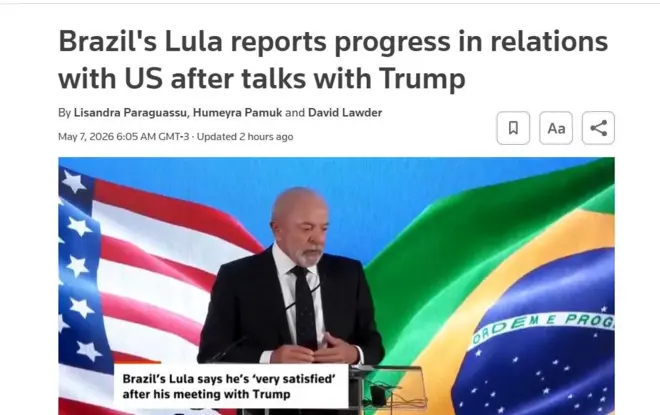 Capa do site da Reuters com notícia sobre reunião de Lula e Trump