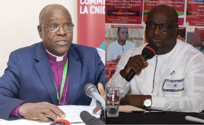 Ifoto zibangabanganwa za Musenyeri Martin Blaise Nyabooho i bubamfu mw'ikoti ya kostime hejuru y'ishati y'abapasitori y'ibara rya move ariko aravugira kuri micro yambaye amarori na Gaetan Zongo yambaye ishati yera y'amaboko maremare afatiye micro ku munwa n'ukuboko kumwe ukundi kuriko isaha kuri ku meza yambaye amarori inyuma yiwe hari ivyaba biriko inyandiko n'amafoto higanjemwo ibara ritukura