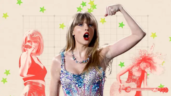 Коллаж из трех фотографий Тейлор Свифт разных лет