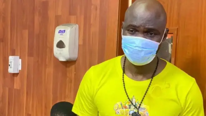 Nollywood actor Baba Ijesha wear yellow top use face mask
