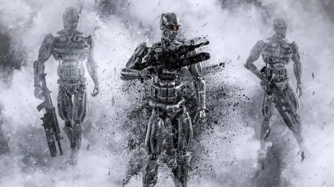 صحنه‌ای تخیلی از موجوداتی غیرانسانی با اسلحه در دست که از فضایی دودآلود بیرون می‌آیند