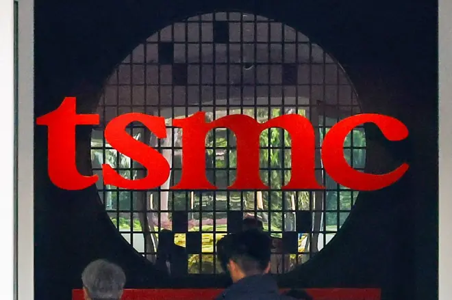The logo of Taiwan Semiconductor Manufacturing Company (TSMC), which is a Taiwanese multinational semiconductor contract manufacturing and design company, in Hsinchu, Taiwan, on April 16, 2025. 