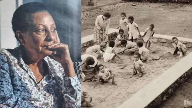 Marie-José Loshi (L), and children at one of the Catholic missions based in the town of Save, Rwanda (R)